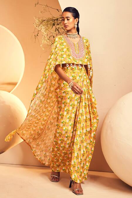 Buy_Aneesh Agarwaal_Yellow Crepe Beads Chintz Blossom Print High Low Top With Draped Dhoti Skirt _Online_at_Aza_Fashions