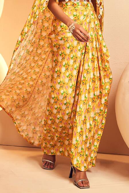 Shop_Aneesh Agarwaal_Yellow Crepe Beads Chintz Blossom Print High Low Top With Draped Dhoti Skirt _Online_at_Aza_Fashions
