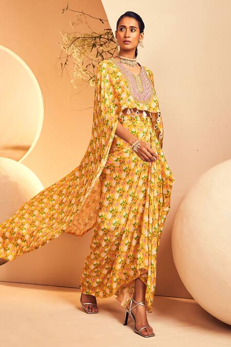 Aneesh Agarwaal_Yellow Crepe Beads Chintz Blossom Print High Low Top With Draped Dhoti Skirt _at_Aza_Fashions