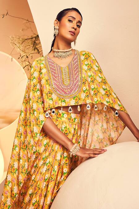 Buy_Aneesh Agarwaal_Yellow Crepe Beads Chintz Blossom Print High Low Top With Draped Dhoti Skirt 