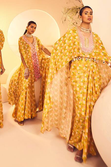Shop_Aneesh Agarwaal_Yellow Crepe Beads Chintz Blossom Print High Low Top With Draped Dhoti Skirt 