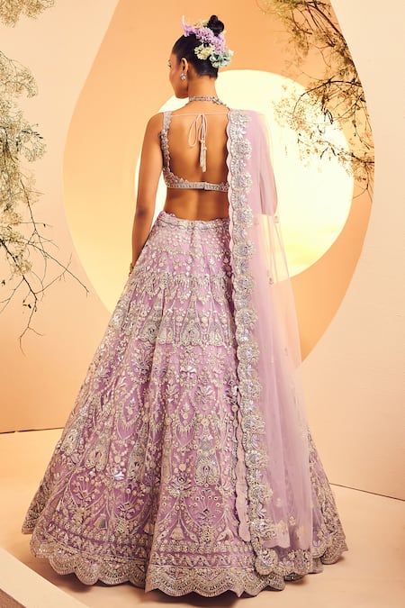 Shop Aneesh Agarwaal Purple Tulle Embroidery, Foil Printing, Cut Victorian Fleur Bridal Lehenga Set at Aza Fashions Shop_Aneesh Agarwaal_Purple Tulle Embroidery, Foil Printing, Cut Victorian Fleur Bridal Lehenga Set _at_Aza_Fashions