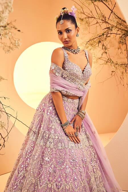 Aneesh Agarwaal Purple Tulle Embroidery, Foil Printing, Cut Victorian Fleur Bridal Lehenga Set at Aza Fashions Aneesh Agarwaal_Purple Tulle Embroidery, Foil Printing, Cut Victorian Fleur Bridal Lehenga Set _at_Aza_Fashions