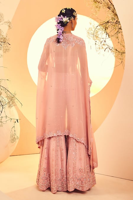 Shop Aneesh Agarwaal Pink Organza Sequins, Pearls, Mirrors Plumeria And Embroidered Cape Sharara Set at Aza Fashions Shop_Aneesh Agarwaal_Pink Organza Sequins, Pearls, Mirrors Plumeria And Embroidered Cape Sharara Set _at_Aza_Fashions
