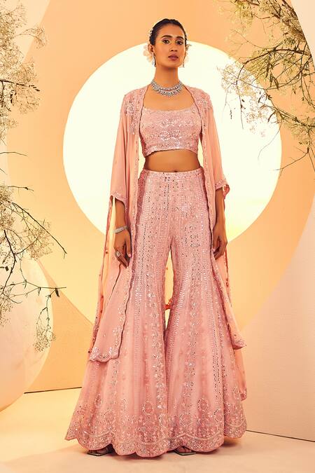 Buy Onion Pink Georgette Mirrors Crop top and Palazzo set with Embroidery