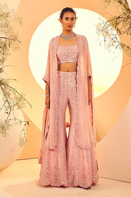 Buy Aneesh Agarwaal Pink Organza Sequins, Pearls, Mirrors Plumeria And Embroidered Cape Sharara Set Online at Aza Fashions Buy_Aneesh Agarwaal_Pink Organza Sequins, Pearls, Mirrors Plumeria And Embroidered Cape Sharara Set _Online_at_Aza_Fashions