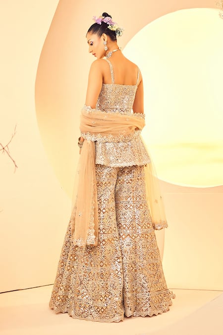 Shop_Aneesh Agarwaal_Gold Tulle Mirrors, Foil Printing Square Prism Mahal And Work Kurta Sharara Set _at_Aza_Fashions