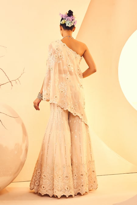 Shop Aneesh Agarwaal Ivory Organza Beads 3d Daisy Embroidered Cape Top With Sharara at Aza Fashions Shop_Aneesh Agarwaal_Ivory Organza Beads 3d Daisy Embroidered Cape Top With Sharara _at_Aza_Fashions