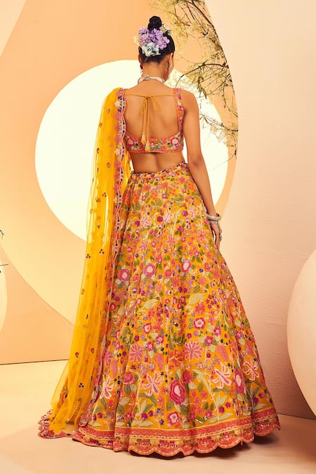 Shop Aneesh Agarwaal Yellow Organza, Net Sequins, Phool And Cutdana Embroidered Bridal Lehenga Set at Aza Fashions Shop_Aneesh Agarwaal_Yellow Organza, Net Sequins, Phool And Cutdana Embroidered Bridal Lehenga Set _at_Aza_Fashions