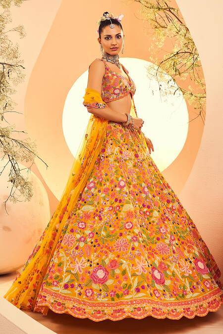Aneesh Agarwaal Yellow Organza, Net Sequins, Phool And Cutdana Embroidered Bridal Lehenga Set Online at Aza Fashions Aneesh Agarwaal_Yellow Organza, Net Sequins, Phool And Cutdana Embroidered Bridal Lehenga Set _Online_at_Aza_Fashions
