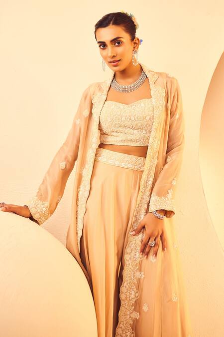 Buy Aneesh Agarwaal Gold Organza Cut Work, Sequins, Beads, Celeste Pearl Bloom Jacket Palazzo Set Online at Aza Fashions Buy_Aneesh Agarwaal_Gold Organza Cut Work, Sequins, Beads, Celeste Pearl Bloom Jacket Palazzo Set _Online_at_Aza_Fashions