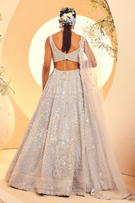 Shop Aneesh Agarwaal Blue Organza Mirrors, Foil Printing, Persian And Embroidered Bridal Lehenga Set at Aza Fashions Shop_Aneesh Agarwaal_Blue Organza Mirrors, Foil Printing, Persian And Embroidered Bridal Lehenga Set _at_Aza_Fashions
