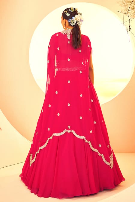 Shop Aneesh Agarwaal Pink Organza Embroidery Asymmetric Florence Dabka Cape Lehenga Set at Aza Fashions Shop_Aneesh Agarwaal_Pink Organza Embroidery Asymmetric Florence Dabka Cape Lehenga Set _at_Aza_Fashions