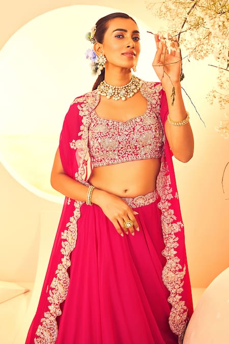 Buy Aneesh Agarwaal Pink Organza Embroidery Asymmetric Florence Dabka Cape Lehenga Set Online at Aza Fashions Buy_Aneesh Agarwaal_Pink Organza Embroidery Asymmetric Florence Dabka Cape Lehenga Set _Online_at_Aza_Fashions