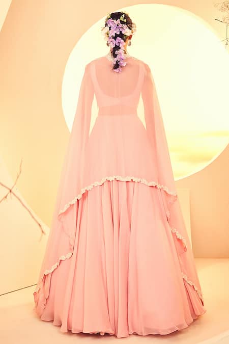 Shop Aneesh Agarwaal Pink Organza Embroidery Keyhole Neck Daisy Fleur Dabka Cape Lehenga Set at Aza Fashions Shop_Aneesh Agarwaal_Pink Organza Embroidery Keyhole Neck Daisy Fleur Dabka Cape Lehenga Set _at_Aza_Fashions