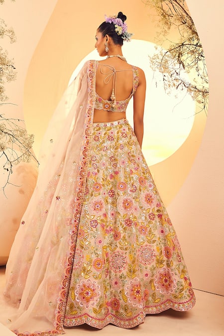 Shop_Aneesh Agarwaal_Ivory Organza Cut Work, Sequins, Gardenia And Abla Embroidered Bridal Lehenga Set _at_Aza_Fashions