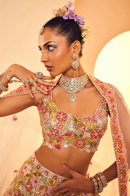 Aneesh Agarwaal_Ivory Organza Cut Work, Sequins, Gardenia And Abla Embroidered Bridal Lehenga Set _Online_at_Aza_Fashions