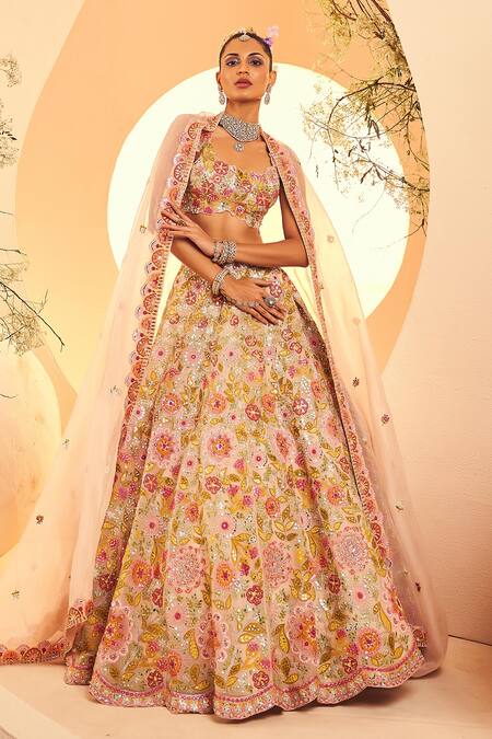 Buy_Aneesh Agarwaal_Ivory Organza Cut Work, Sequins, Gardenia And Abla Embroidered Bridal Lehenga Set _Online_at_Aza_Fashions