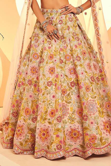 Shop_Aneesh Agarwaal_Ivory Organza Cut Work, Sequins, Gardenia And Abla Embroidered Bridal Lehenga Set _Online_at_Aza_Fashions