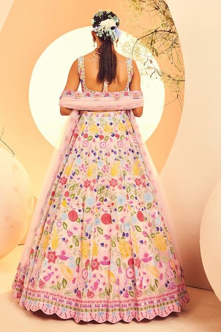 Shop Aneesh Agarwaal Pink Organza, Net Beads, Sequins, Bloom Garden Embroidered Bridal Lehenga Set at Aza Fashions Shop_Aneesh Agarwaal_Pink Organza, Net Beads, Sequins, Bloom Garden Embroidered Bridal Lehenga Set _at_Aza_Fashions