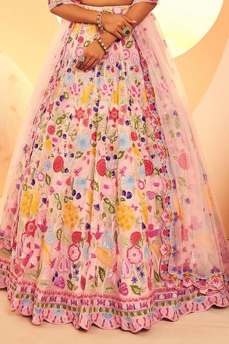 Aneesh Agarwaal Pink Organza, Net Beads, Sequins, Bloom Garden Embroidered Bridal Lehenga Set Online at Aza Fashions Aneesh Agarwaal_Pink Organza, Net Beads, Sequins, Bloom Garden Embroidered Bridal Lehenga Set _Online_at_Aza_Fashions