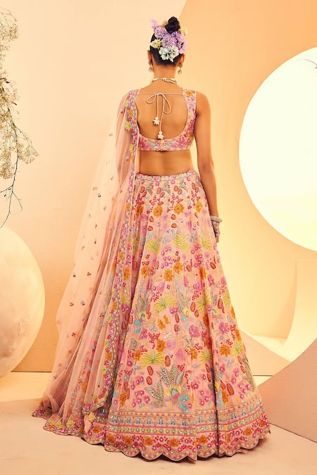 Shop Aneesh Agarwaal Peach Organza, Net Sequins, Beads, Boho Garden Embroidered Bridal Lehenga Set at Aza Fashions Shop_Aneesh Agarwaal_Peach Organza, Net Sequins, Beads, Boho Garden Embroidered Bridal Lehenga Set _at_Aza_Fashions