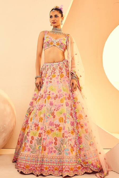 Aneesh Agarwaal Peach Organza, Net Sequins, Beads, Boho Garden Embroidered Bridal Lehenga Set Online at Aza Fashions Aneesh Agarwaal_Peach Organza, Net Sequins, Beads, Boho Garden Embroidered Bridal Lehenga Set _Online_at_Aza_Fashions