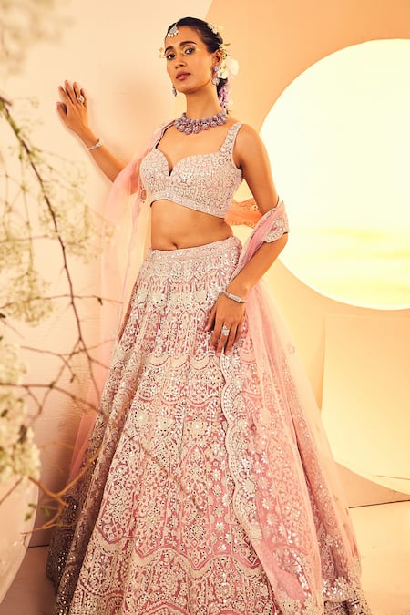 Aneesh Agarwaal Pink Tulle Mirrors, Zari Sweetheart Sheesh Mahal Embroidered Bridal Lehenga Set Online at Aza Fashions Aneesh Agarwaal_Pink Tulle Mirrors, Zari Sweetheart Sheesh Mahal Embroidered Bridal Lehenga Set _Online_at_Aza_Fashions