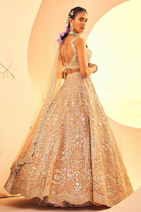 Shop Aneesh Agarwaal Gold Silk Organza Zari, Sequins, Mughal Gardenia Embroidered Bridal Lehenga Set at Aza Fashions Shop_Aneesh Agarwaal_Gold Silk Organza Zari, Sequins, Mughal Gardenia Embroidered Bridal Lehenga Set _at_Aza_Fashions