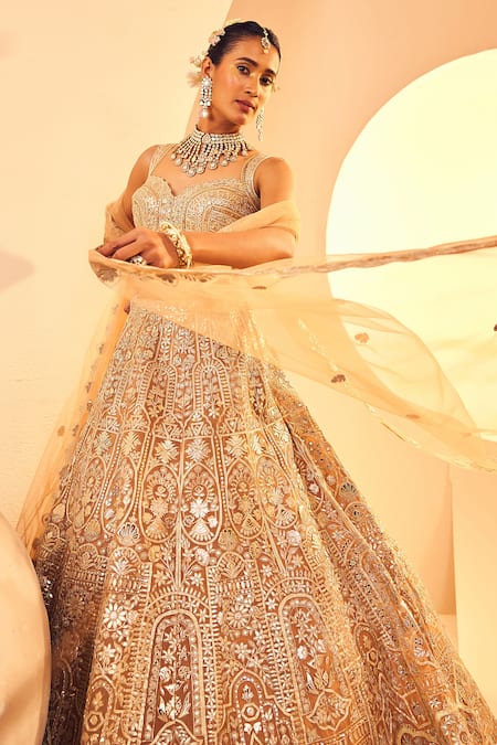 Shop Aneesh Agarwaal Gold Silk Organza Zari, Sequins, Mughal Gardenia Embroidered Bridal Lehenga Set Online at Aza Fashions Shop_Aneesh Agarwaal_Gold Silk Organza Zari, Sequins, Mughal Gardenia Embroidered Bridal Lehenga Set _Online_at_Aza_Fashions