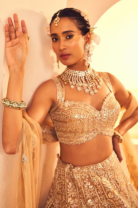 Aneesh Agarwaal Gold Silk Organza Zari, Sequins, Mughal Gardenia Embroidered Bridal Lehenga Set at Aza Fashions Aneesh Agarwaal_Gold Silk Organza Zari, Sequins, Mughal Gardenia Embroidered Bridal Lehenga Set _at_Aza_Fashions