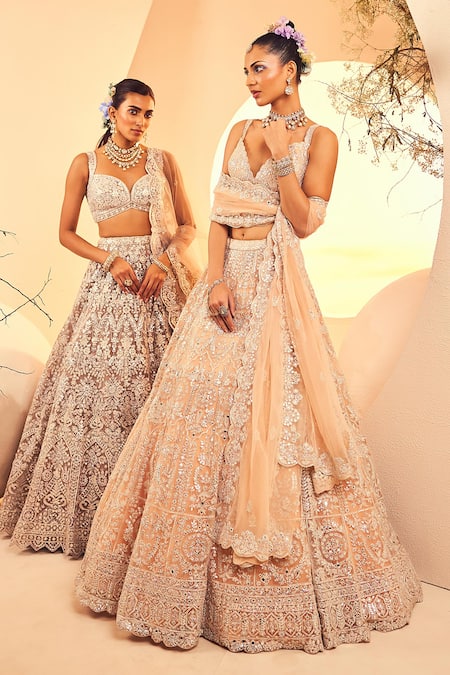 Shop_Aneesh Agarwaal_Grey Tulle Mirrors, Foil Printing, Mughal Damask Embroidered Bridal Lehenga Set _Online_at_Aza_Fashions
