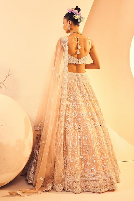 Shop Aneesh Agarwaal Peach Tulle Embroidery, Mirrors, Foil Persian Damask Bridal Lehenga Set at Aza Fashions Shop_Aneesh Agarwaal_Peach Tulle Embroidery, Mirrors, Foil Persian Damask Bridal Lehenga Set _at_Aza_Fashions