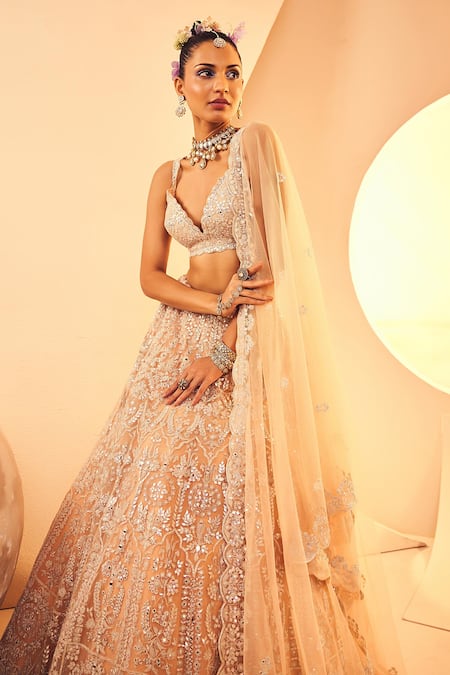 Buy Aneesh Agarwaal Peach Tulle Embroidery, Mirrors, Foil Persian Damask Bridal Lehenga Set Online at Aza Fashions Buy_Aneesh Agarwaal_Peach Tulle Embroidery, Mirrors, Foil Persian Damask Bridal Lehenga Set _Online_at_Aza_Fashions