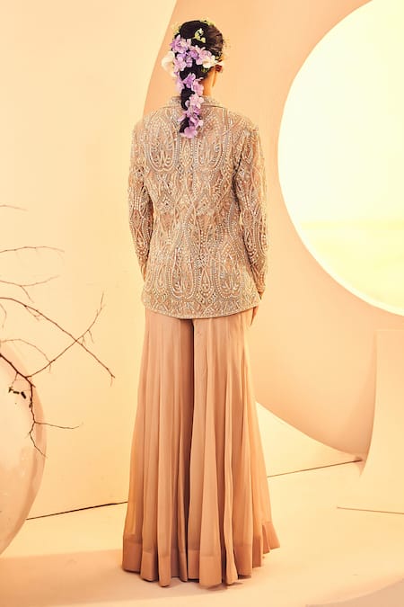 Shop Aneesh Agarwaal Grey Chiffon, Net Sequins, Beads, Ivy Vine Embroidered Blazer With Sharara Pant at Aza Fashions Shop_Aneesh Agarwaal_Grey Chiffon, Net Sequins, Beads, Ivy Vine Embroidered Blazer With Sharara Pant _at_Aza_Fashions