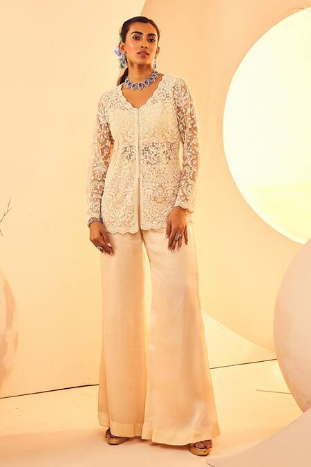Aneesh Agarwaal Ivory Organza, Satin Pearls, Ethereal Bloom Embroidered Jacket Flared Pant Set Online at Aza Fashions Aneesh Agarwaal_Ivory Organza, Satin Pearls, Ethereal Bloom Embroidered Jacket Flared Pant Set _Online_at_Aza_Fashions