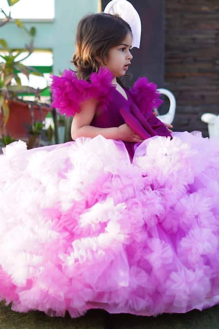 Buy_Janyas Closet_Purple Silk, Net, Linen Bows, Ruffles Enchanted Ombre Frilled Gown _Online_at_Aza_Fashions