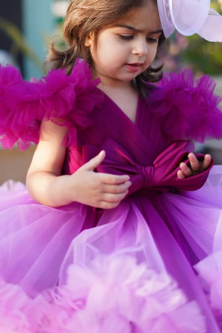 Janyas Closet_Purple Silk, Net, Linen Bows, Ruffles Enchanted Ombre Frilled Gown _at_Aza_Fashions