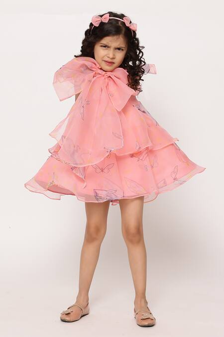 Buy_Janyas Closet_Pink Organza Fringe Angela Layered Bow Dress_Online_at_Aza_Fashions