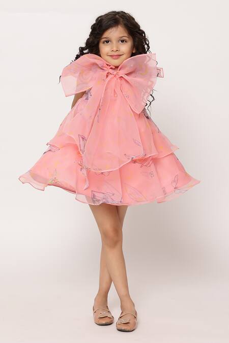 Shop_Janyas Closet_Pink Organza Fringe Angela Layered Bow Dress_Online_at_Aza_Fashions