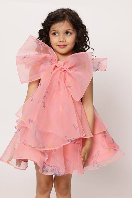 Janyas Closet_Pink Organza Fringe Angela Layered Bow Dress_at_Aza_Fashions