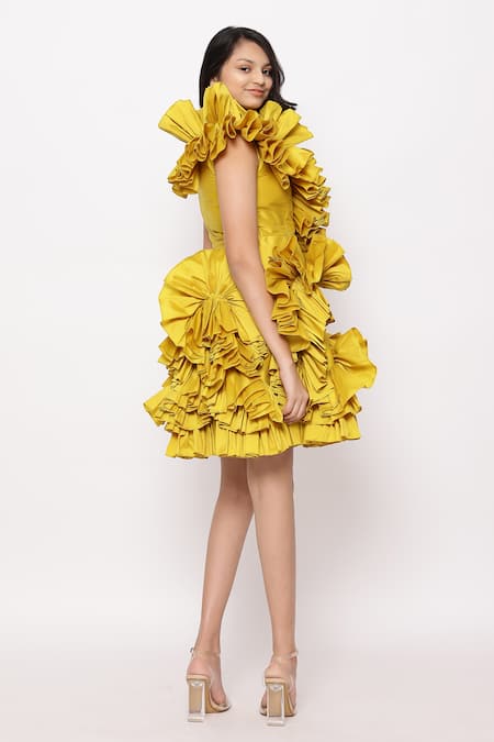 Janyas Closet_Yellow Taffeta, Silk Ruffles Solid Detailed Dress _Online_at_Aza_Fashions