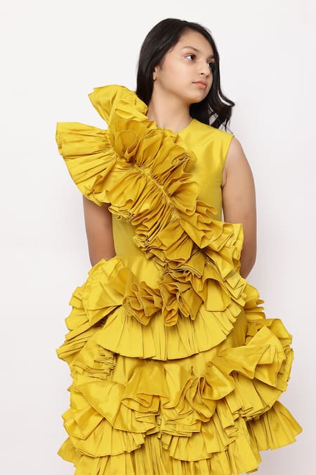 Shop_Janyas Closet_Yellow Taffeta, Silk Ruffles Solid Detailed Dress _Online_at_Aza_Fashions