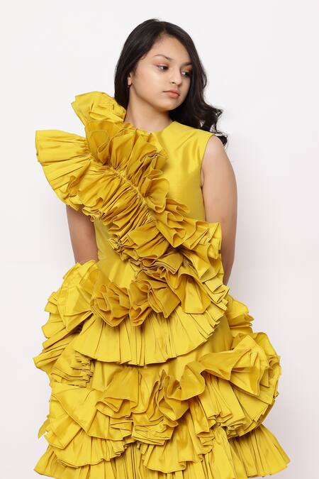 Janyas Closet_Yellow Taffeta, Silk Ruffles Solid Detailed Dress _at_Aza_Fashions