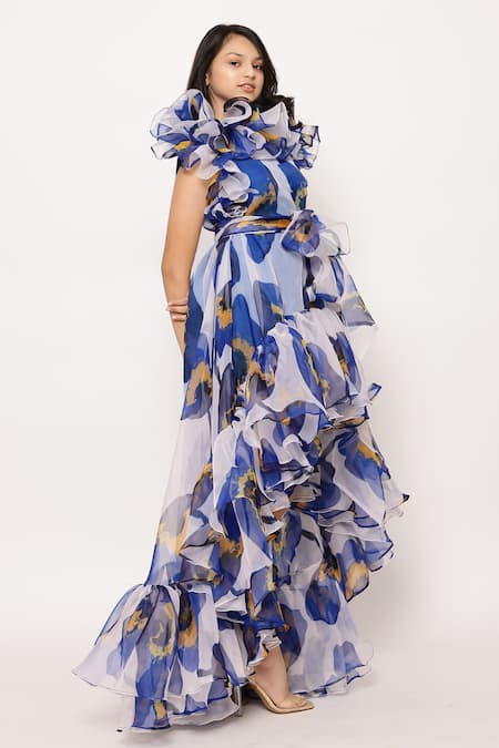 Janyas Closet_Blue Silk, Organza, Linen Ruffles, Embroidery Floral Printed Asymmetric Dress_Online_at_Aza_Fashions