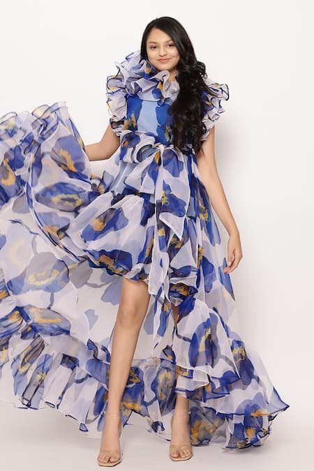 Buy_Janyas Closet_Blue Silk, Organza, Linen Ruffles, Embroidery Floral Printed Asymmetric Dress_Online_at_Aza_Fashions