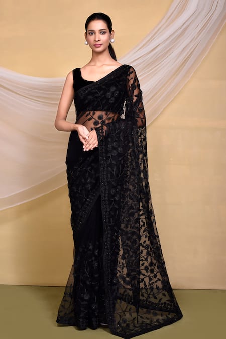 Nazaakat by Samara Singh Black Net Embroidered Floral Vine Saree With Unstitched Blouse Piece