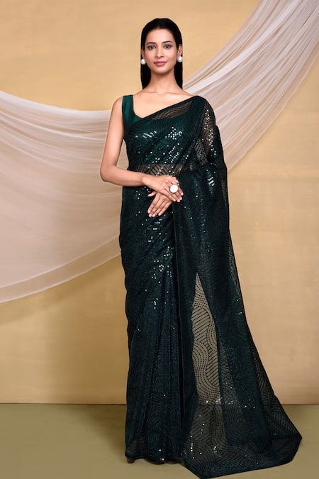 Nazaakat by Samara Singh Green Saree Georgette Embroidered Sequins Wave With Unstitched Blouse Piece