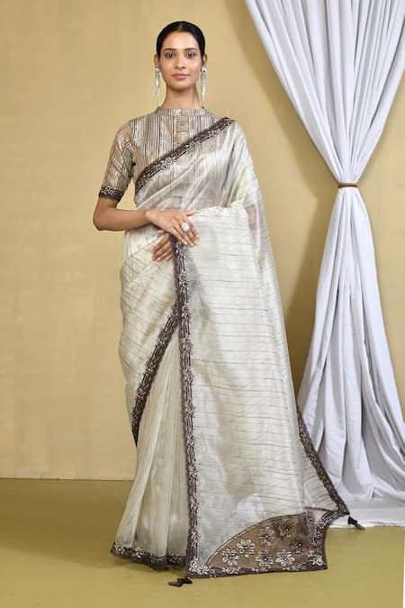 Nazaakat by Samara Singh Beige Saree Patterned Organza Embellished Embroidered Border With Blouse