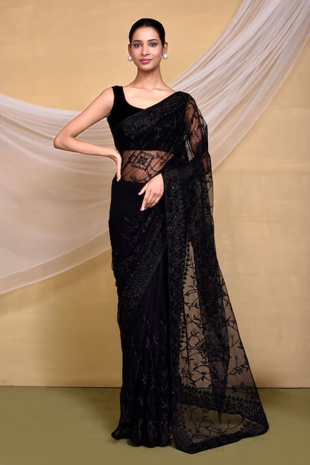 Nazaakat by Samara Singh Black Net Embroidery Floral Tonal Saree With Unstitched Blouse Piece
